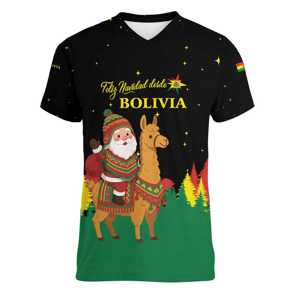 Bolivia Christmas Women V-Neck T-Shirt with Santa Claus Llama Andean Outfit and Festive Tree Design - Wonder Print Shop