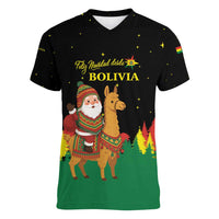 Bolivia Christmas Women V-Neck T-Shirt with Santa Claus Llama Andean Outfit and Festive Tree Design - Wonder Print Shop
