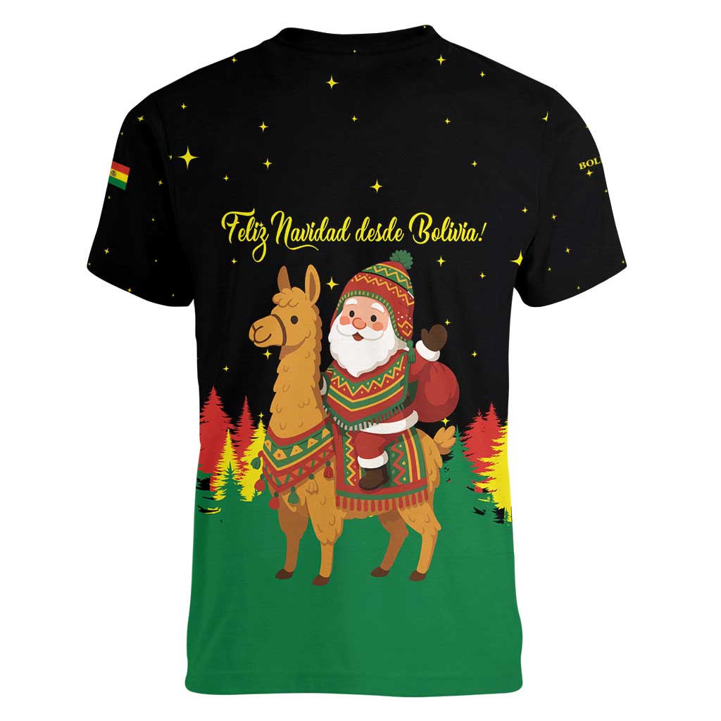 Bolivia Christmas Women V-Neck T-Shirt with Santa Claus Llama Andean Outfit and Festive Tree Design - Wonder Print Shop