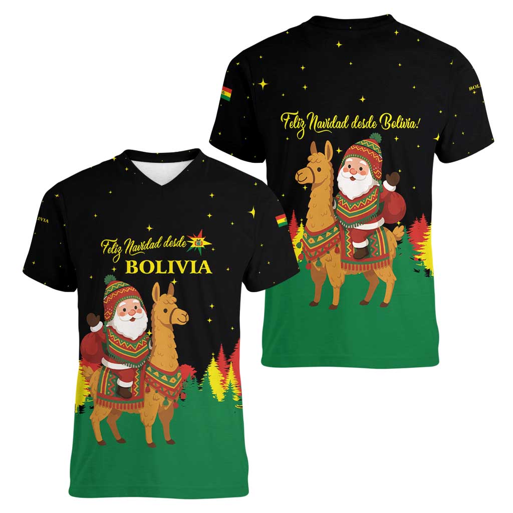 Bolivia Christmas Women V-Neck T-Shirt with Santa Claus Llama Andean Outfit and Festive Tree Design - Wonder Print Shop