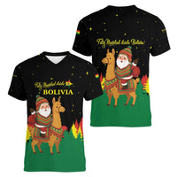 Bolivia Christmas Women V-Neck T-Shirt with Santa Claus Llama Andean Outfit and Festive Tree Design - Wonder Print Shop