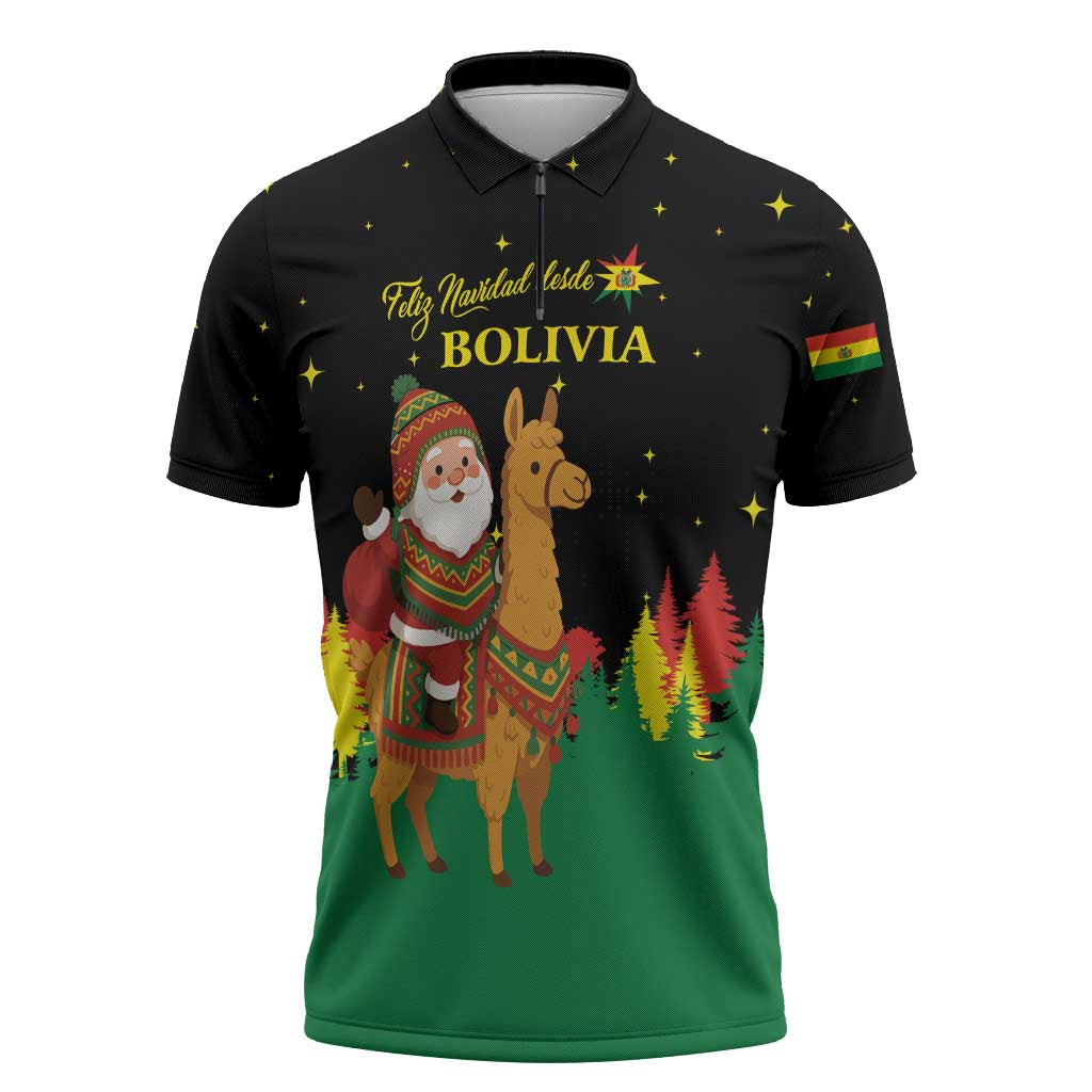 Bolivia Christmas Zipper Polo Shirt with Santa Claus Llama Andean Outfit and Festive Tree Design - Wonder Print Shop