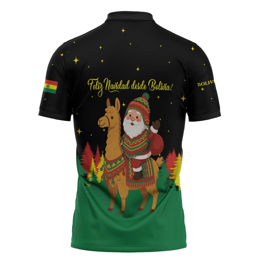 Bolivia Christmas Zipper Polo Shirt with Santa Claus Llama Andean Outfit and Festive Tree Design - Wonder Print Shop