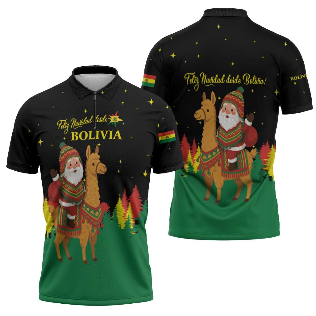 Bolivia Christmas Zipper Polo Shirt with Santa Claus Llama Andean Outfit and Festive Tree Design - Wonder Print Shop