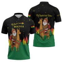 Bolivia Christmas Zipper Polo Shirt with Santa Claus Llama Andean Outfit and Festive Tree Design - Wonder Print Shop