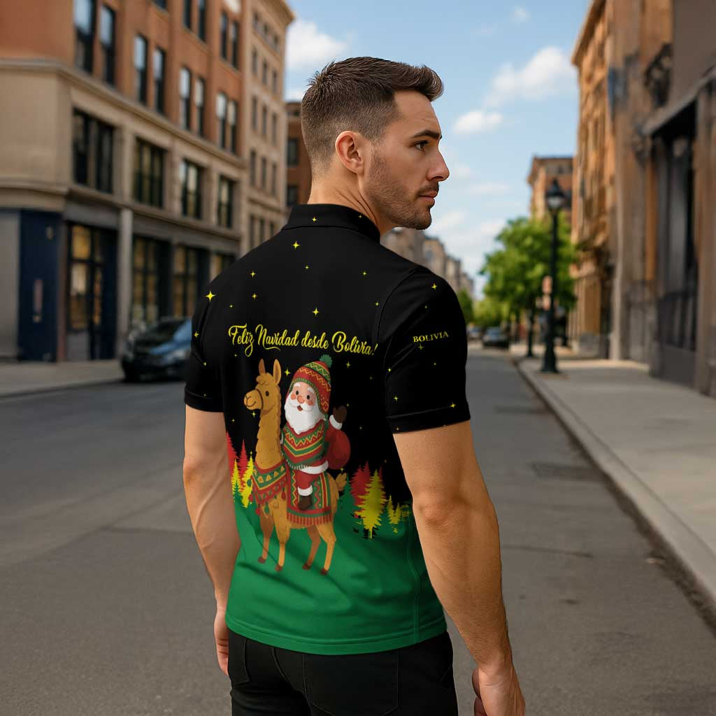 Bolivia Christmas Zipper Polo Shirt with Santa Claus Llama Andean Outfit and Festive Tree Design - Wonder Print Shop