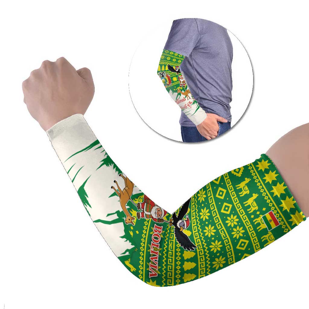 Bolivia Christmas Arm Sleeves with Santa Claus Andean Deer Condor and Traditional Pattern Design - Wonder Print Shop