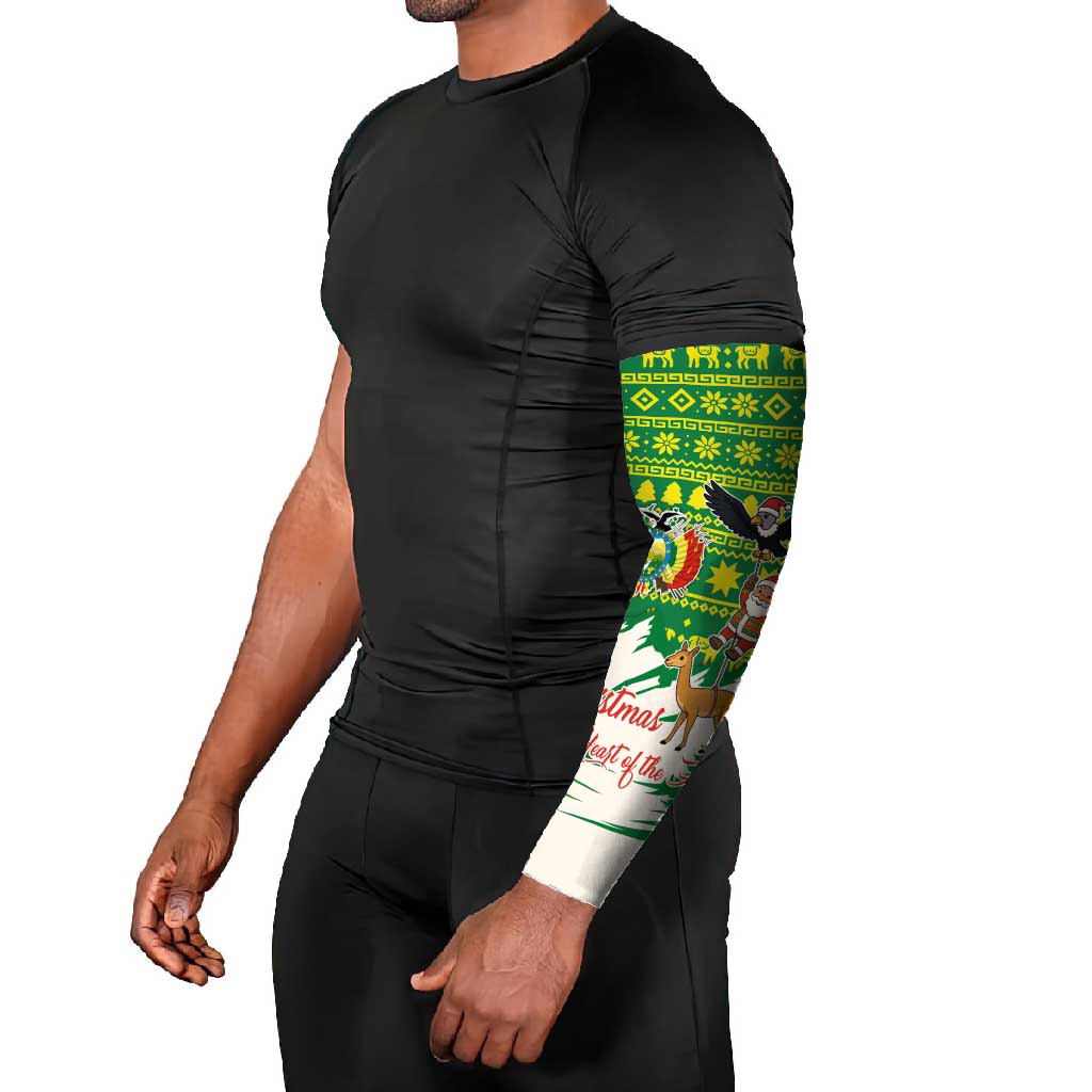 Bolivia Christmas Arm Sleeves with Santa Claus Andean Deer Condor and Traditional Pattern Design - Wonder Print Shop