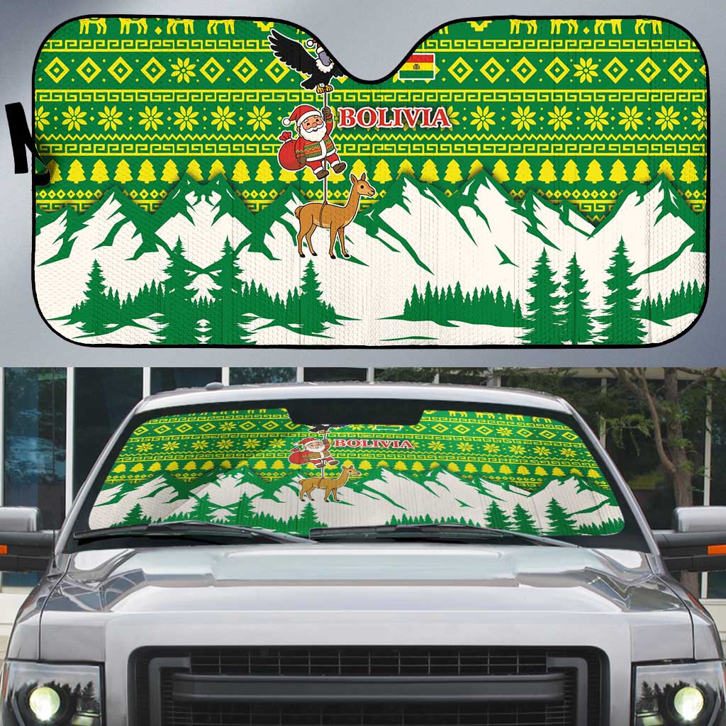 Bolivia Christmas Auto Sun Shade with Santa Claus Andean Deer Condor and Traditional Pattern Design - Wonder Print Shop