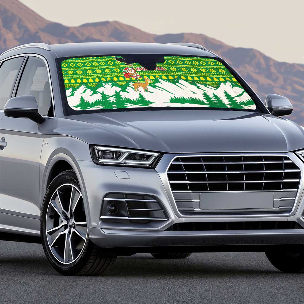 Bolivia Christmas Auto Sun Shade with Santa Claus Andean Deer Condor and Traditional Pattern Design - Wonder Print Shop