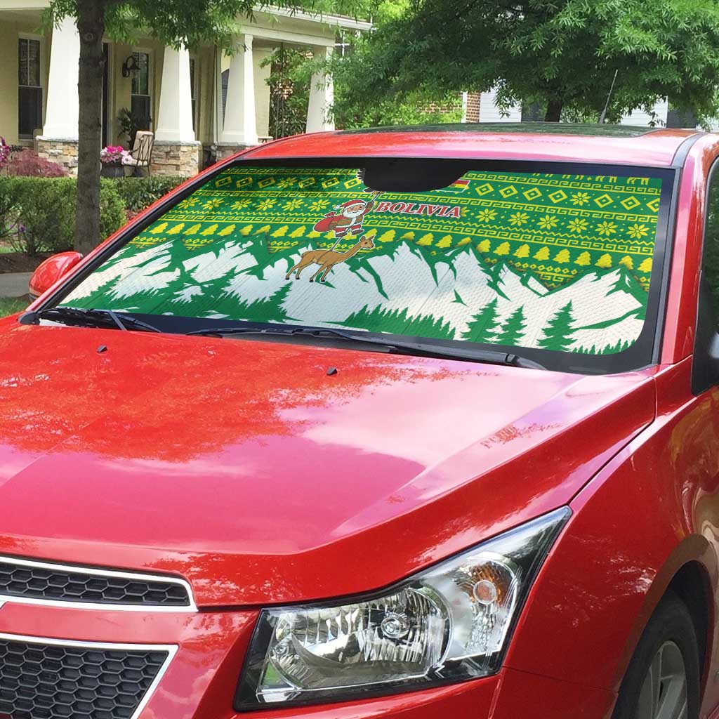Bolivia Christmas Auto Sun Shade with Santa Claus Andean Deer Condor and Traditional Pattern Design - Wonder Print Shop