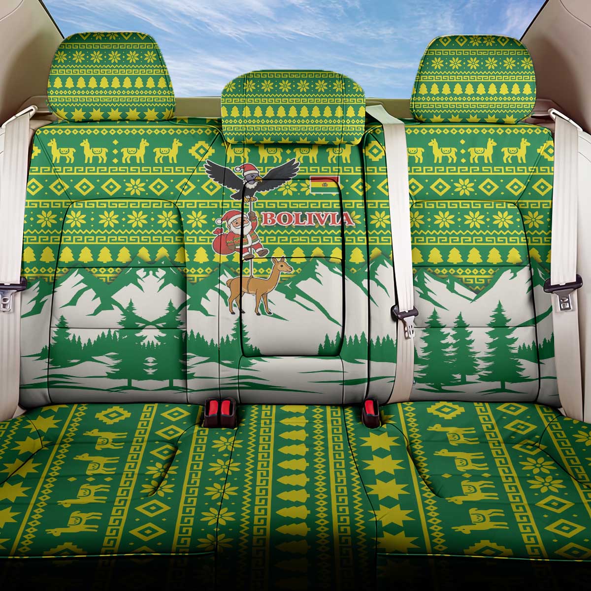 Bolivia Christmas Back Car Seat Cover with Santa Claus Andean Deer Condor and Traditional Pattern Design - Wonder Print Shop