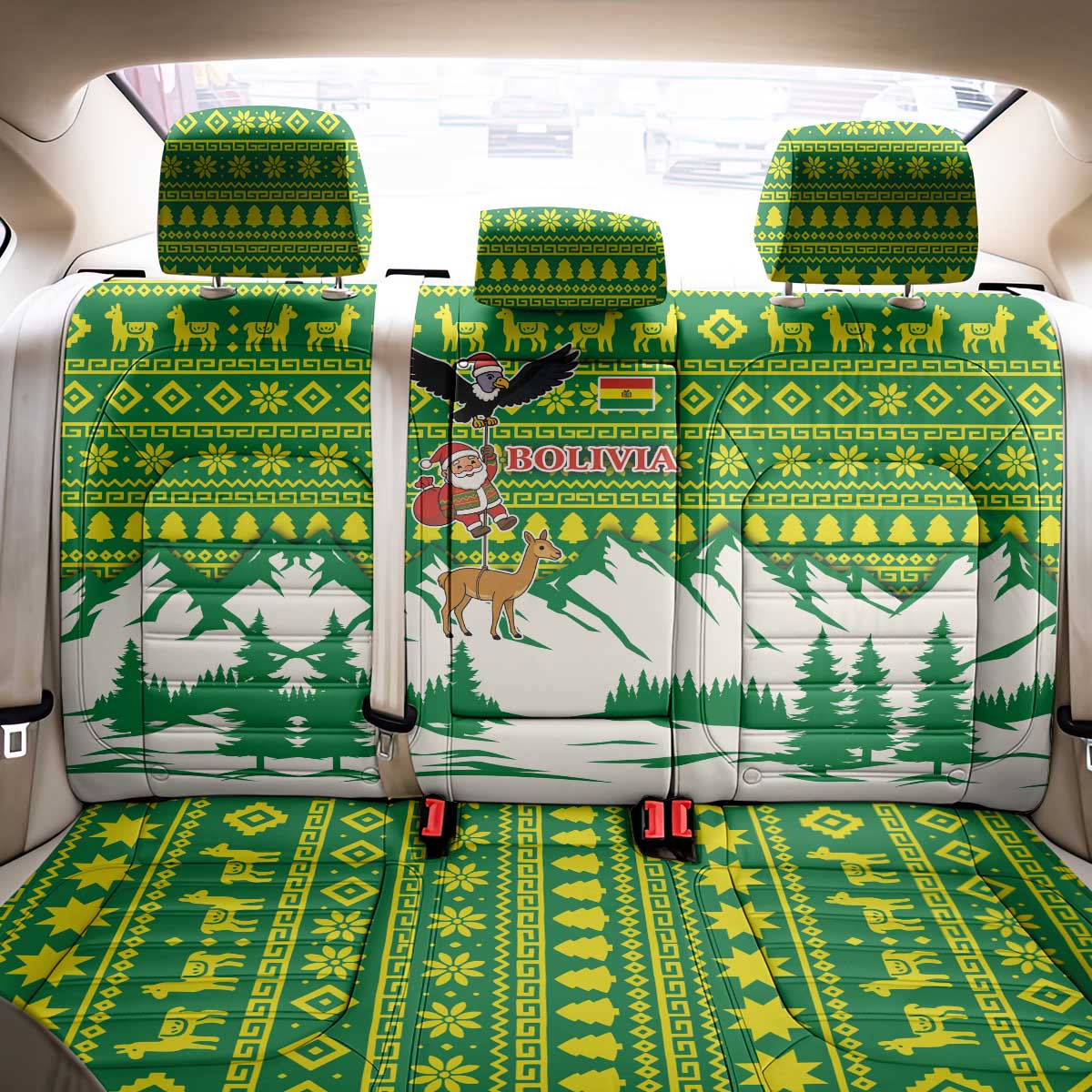 Bolivia Christmas Back Car Seat Cover with Santa Claus Andean Deer Condor and Traditional Pattern Design - Wonder Print Shop