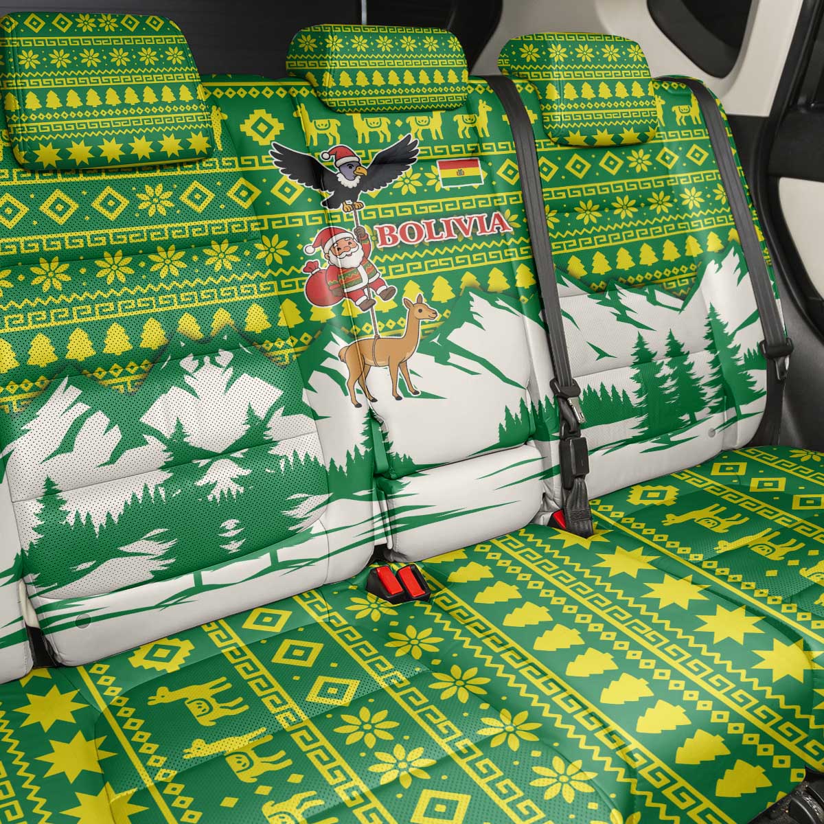 Bolivia Christmas Back Car Seat Cover with Santa Claus Andean Deer Condor and Traditional Pattern Design - Wonder Print Shop