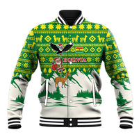 Bolivia Christmas Baseball Jacket with Santa Claus Andean Deer Condor and Traditional Pattern Design - Wonder Print Shop