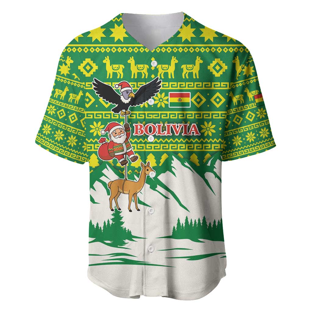 Bolivia Christmas Baseball Jersey with Santa Claus Andean Deer Condor and Traditional Pattern Design - Wonder Print Shop