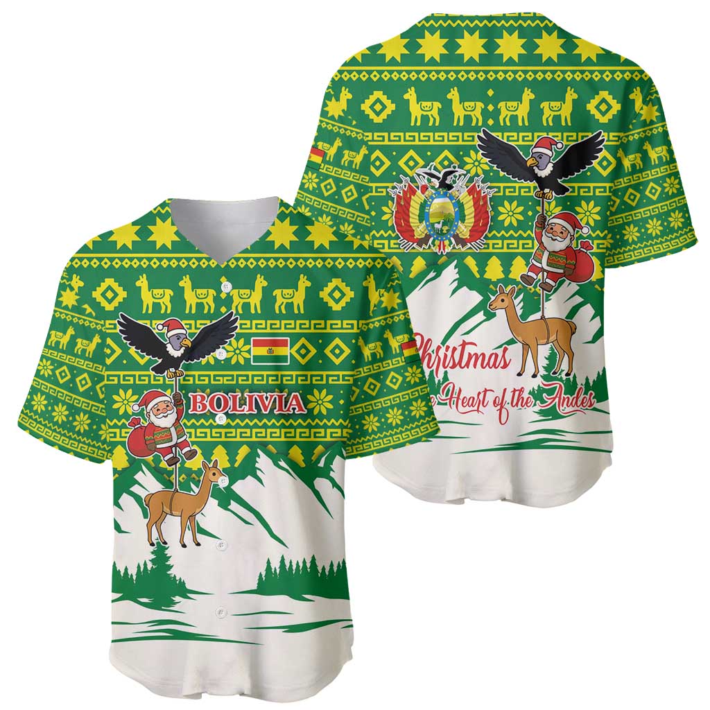 Bolivia Christmas Baseball Jersey with Santa Claus Andean Deer Condor and Traditional Pattern Design - Wonder Print Shop