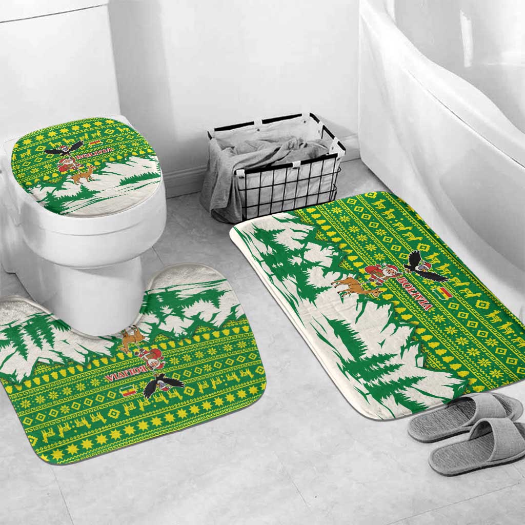Bolivia Christmas Bathroom Set with Santa Claus Andean Deer Condor and Traditional Pattern Design - Wonder Print Shop