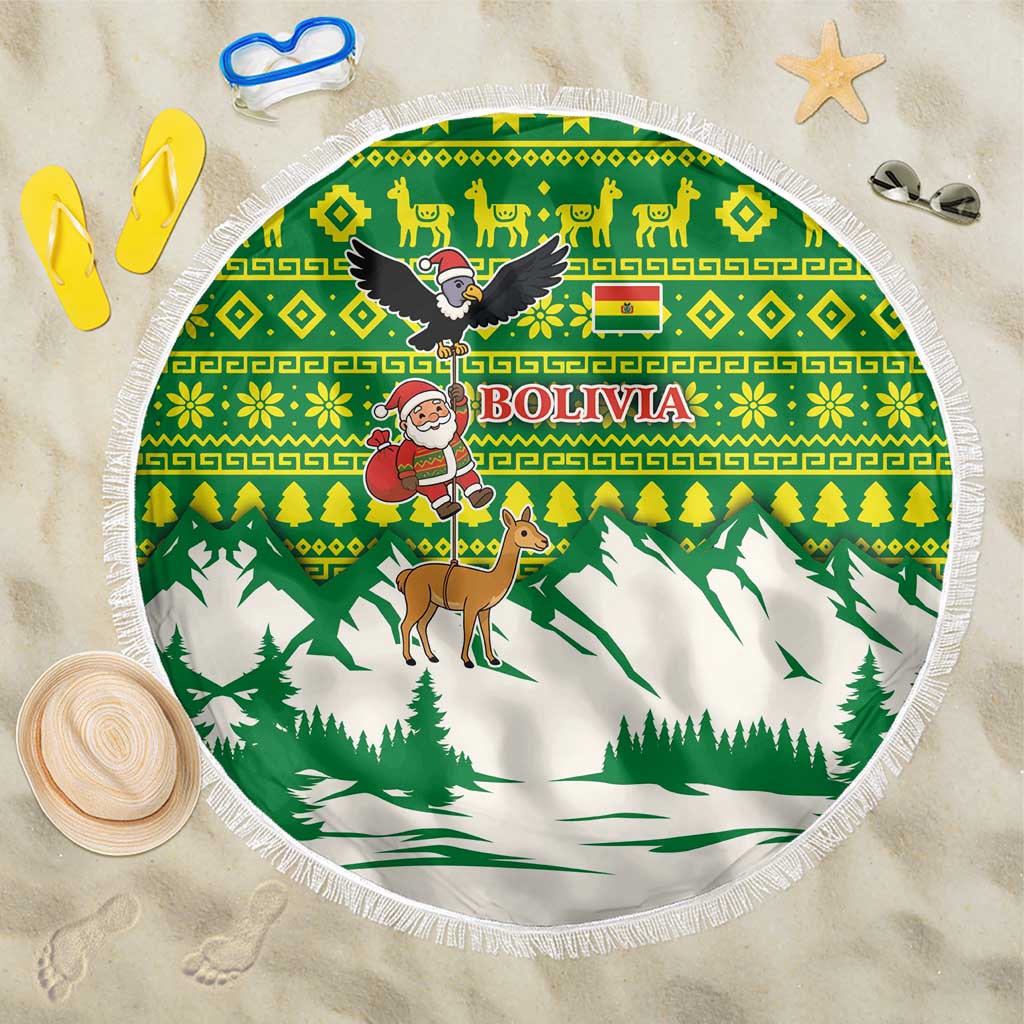 Bolivia Christmas Beach Blanket with Santa Claus Andean Deer Condor and Traditional Pattern Design - Wonder Print Shop