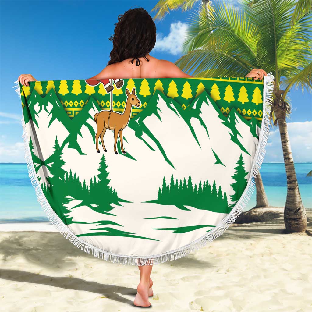 Bolivia Christmas Beach Blanket with Santa Claus Andean Deer Condor and Traditional Pattern Design - Wonder Print Shop