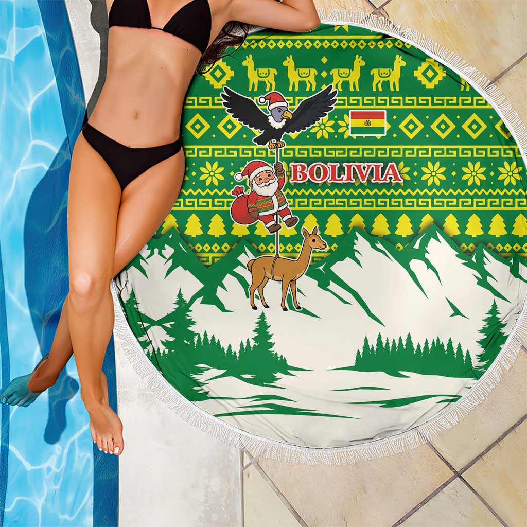 Bolivia Christmas Beach Blanket with Santa Claus Andean Deer Condor and Traditional Pattern Design - Wonder Print Shop