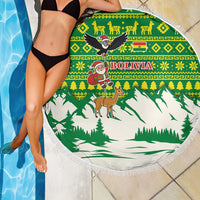 Bolivia Christmas Beach Blanket with Santa Claus Andean Deer Condor and Traditional Pattern Design - Wonder Print Shop