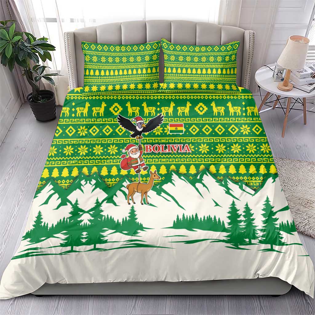 Bolivia Christmas Bedding Set with Santa Claus Andean Deer Condor and Traditional Pattern Design - Wonder Print Shop
