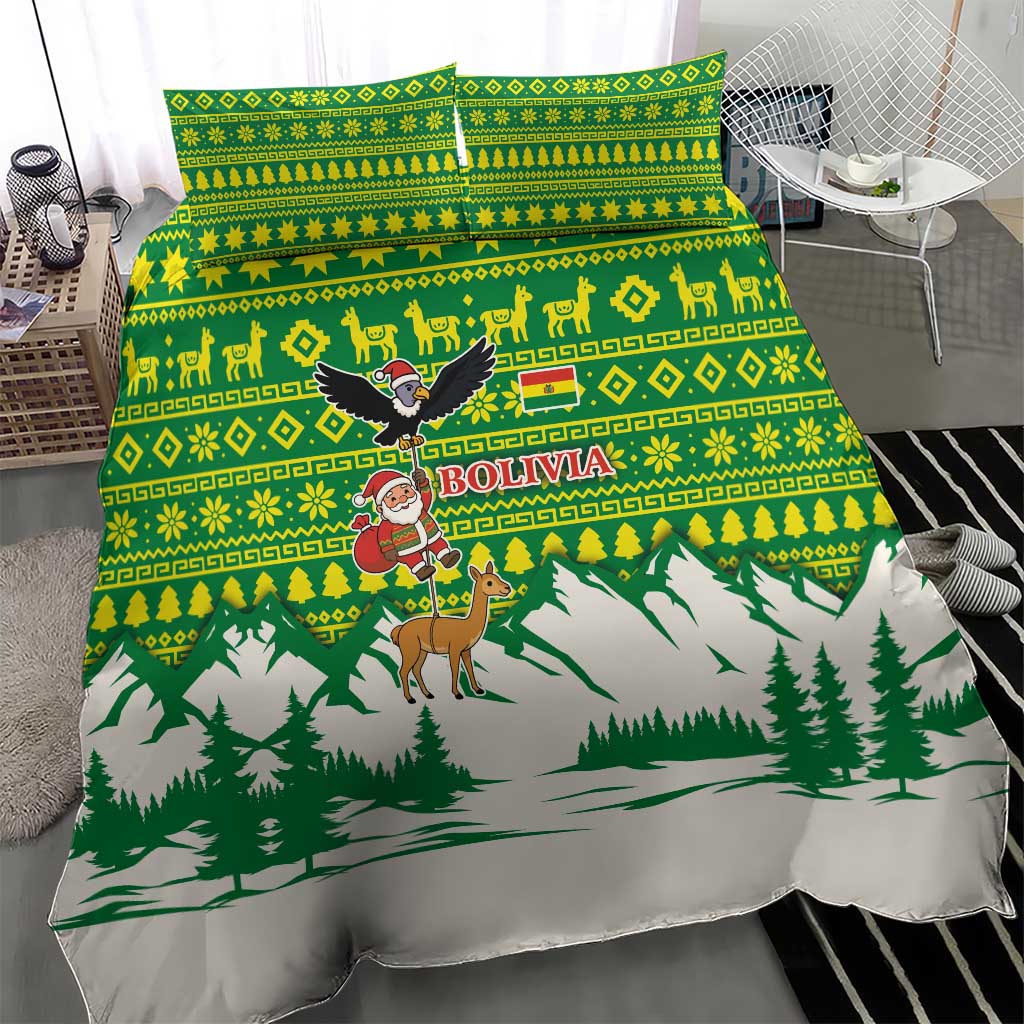 Bolivia Christmas Bedding Set with Santa Claus Andean Deer Condor and Traditional Pattern Design - Wonder Print Shop