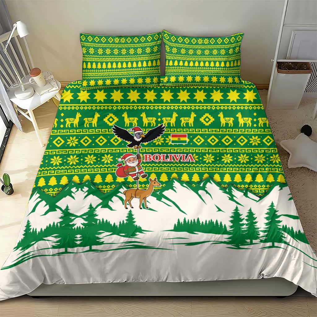 Bolivia Christmas Bedding Set with Santa Claus Andean Deer Condor and Traditional Pattern Design - Wonder Print Shop