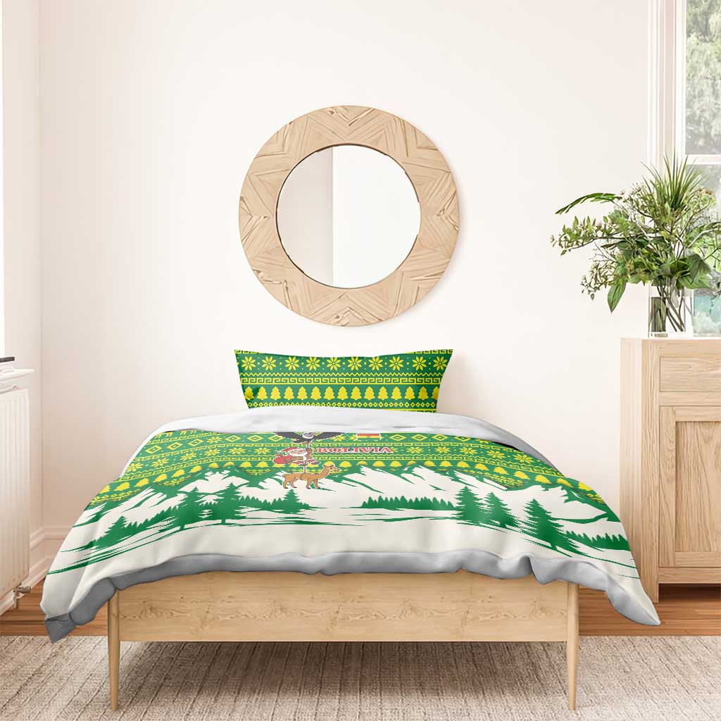Bolivia Christmas Bedding Set with Santa Claus Andean Deer Condor and Traditional Pattern Design - Wonder Print Shop