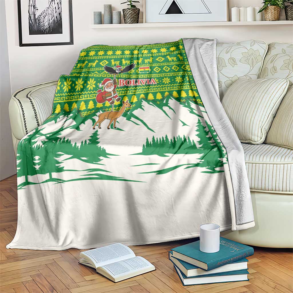 Bolivia Christmas Blanket with Santa Claus Andean Deer Condor and Traditional Pattern Design - Wonder Print Shop