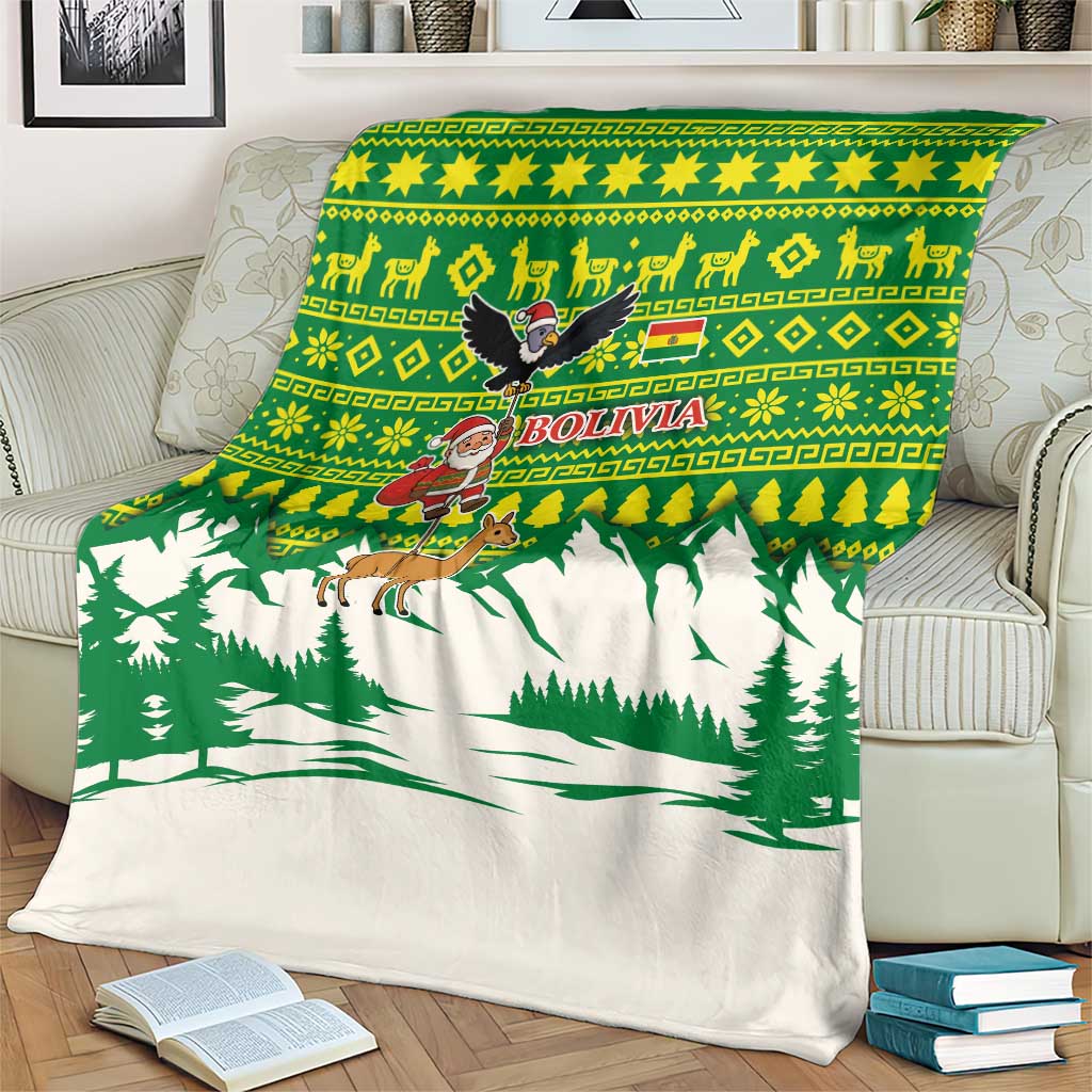 Bolivia Christmas Blanket with Santa Claus Andean Deer Condor and Traditional Pattern Design - Wonder Print Shop