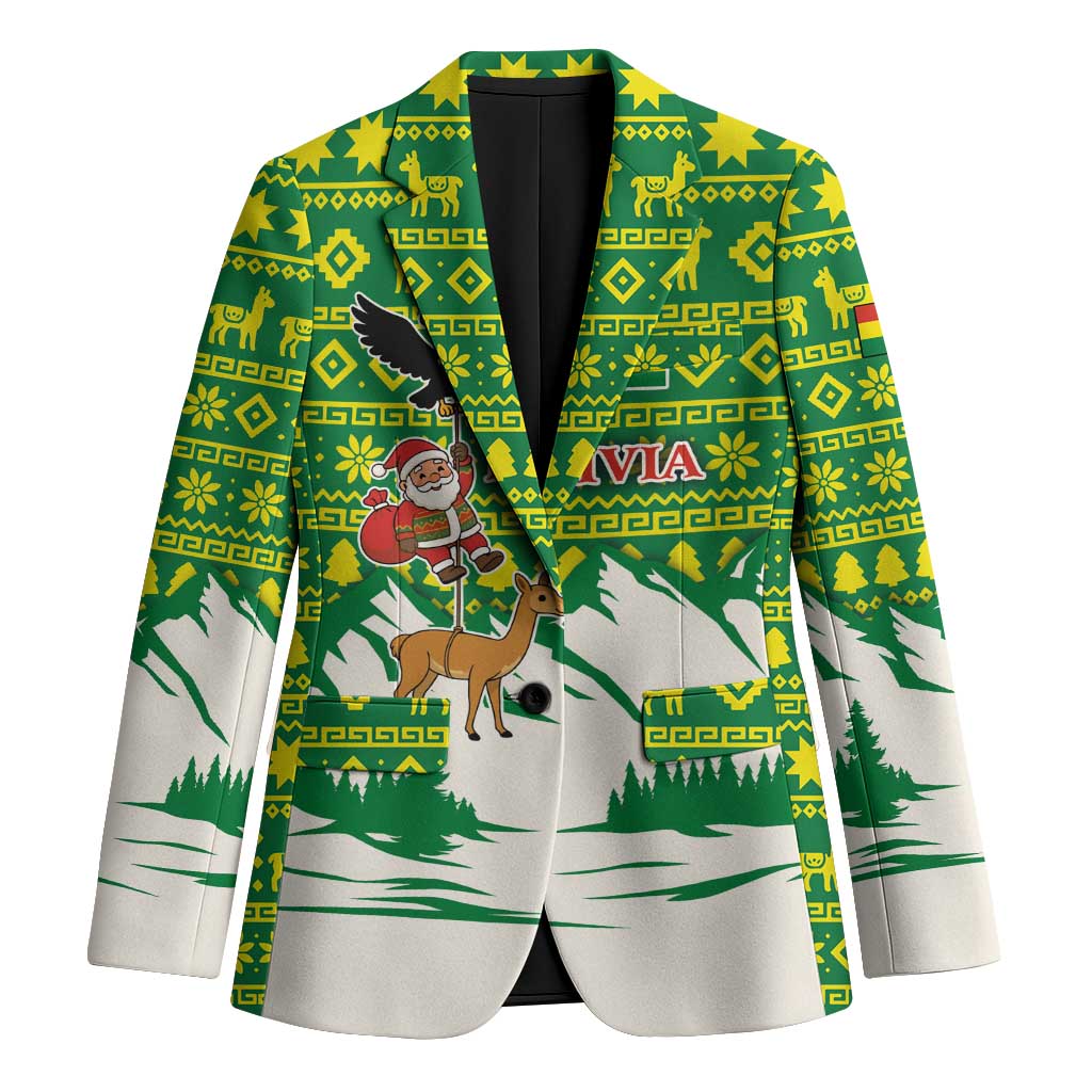 Bolivia Christmas Blazer with Santa Claus Andean Deer Condor and Traditional Pattern Design - Wonder Print Shop