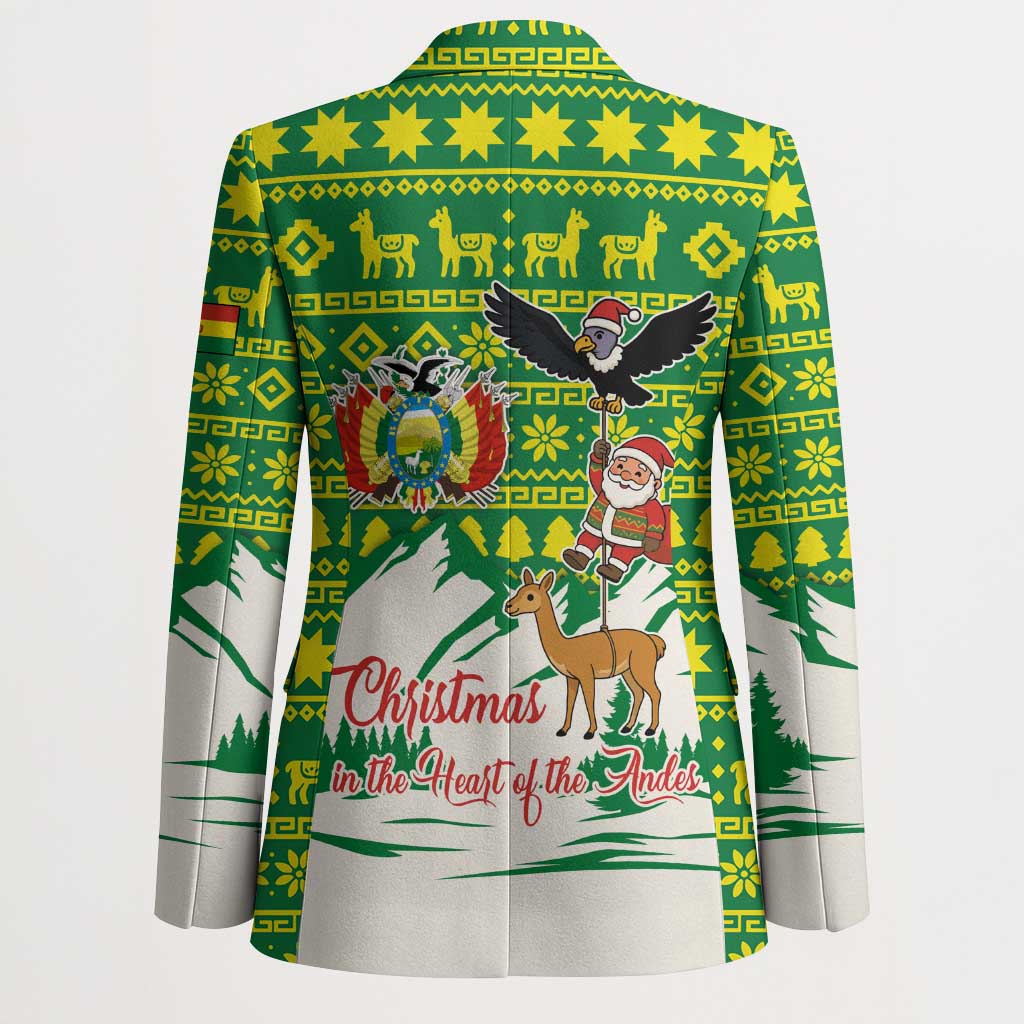 Bolivia Christmas Blazer with Santa Claus Andean Deer Condor and Traditional Pattern Design - Wonder Print Shop