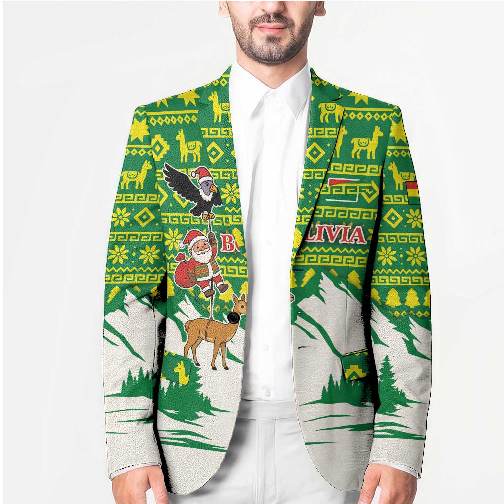 Bolivia Christmas Blazer with Santa Claus Andean Deer Condor and Traditional Pattern Design - Wonder Print Shop