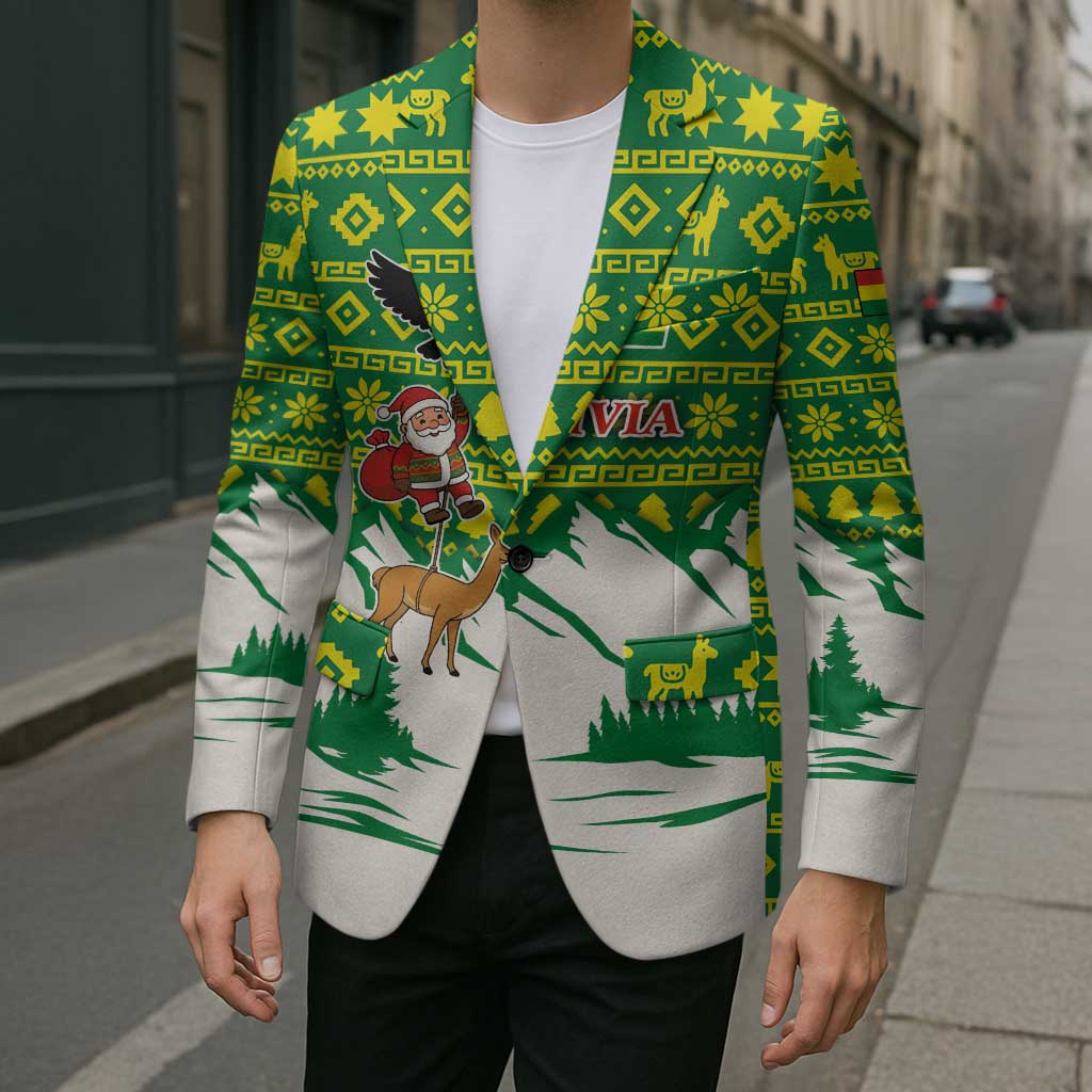 Bolivia Christmas Blazer with Santa Claus Andean Deer Condor and Traditional Pattern Design - Wonder Print Shop