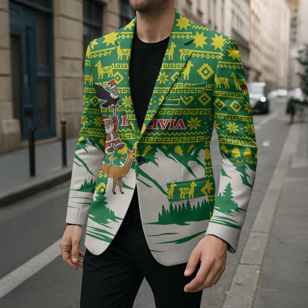 Bolivia Christmas Blazer with Santa Claus Andean Deer Condor and Traditional Pattern Design - Wonder Print Shop