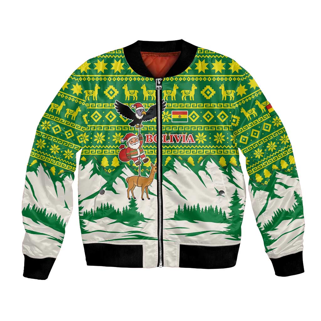 Bolivia Christmas Bomber Jacket with Santa Claus Andean Deer Condor and Traditional Pattern Design - Wonder Print Shop