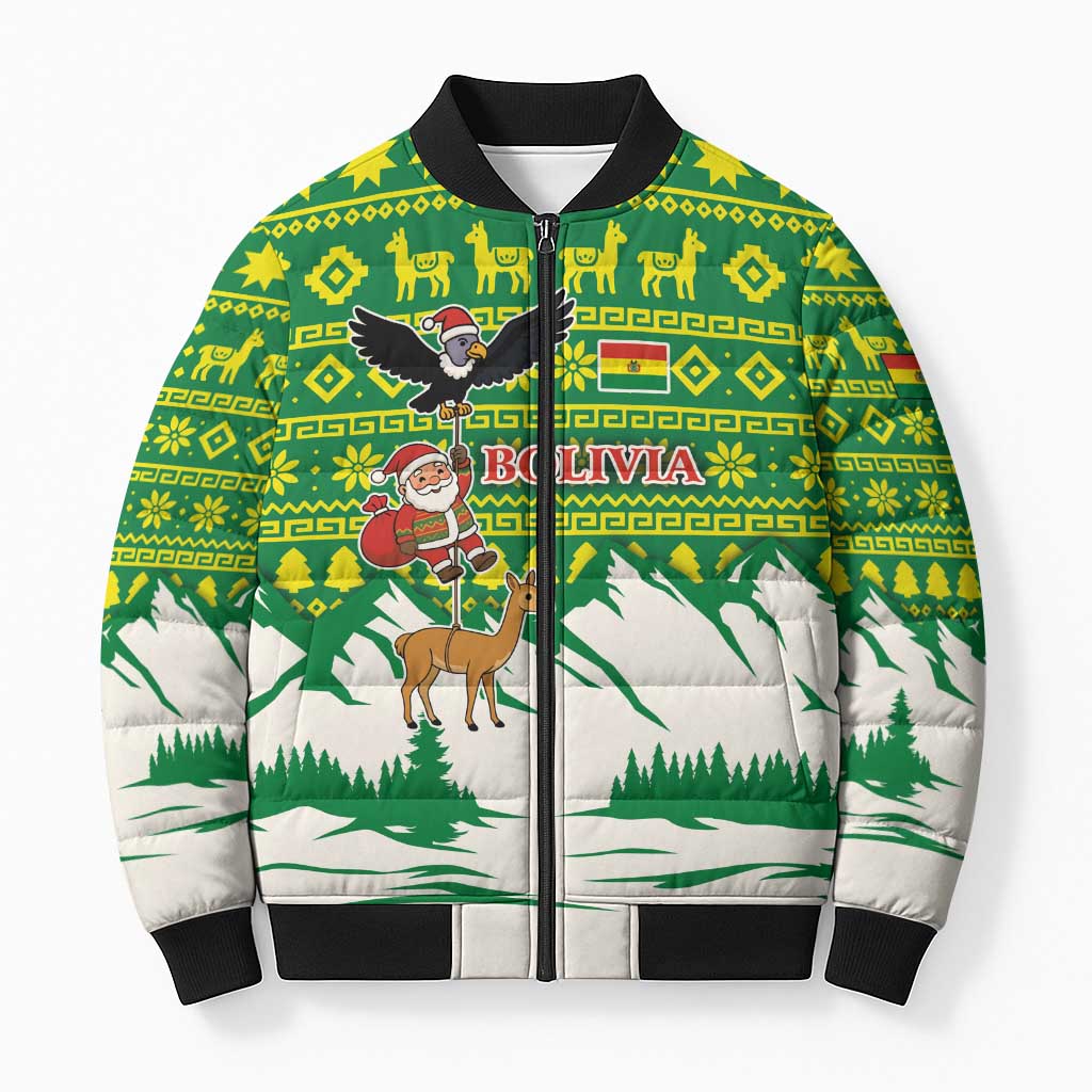 Bolivia Christmas Bomber Puffer Jacket with Santa Claus Andean Deer Condor and Traditional Pattern Design - Wonder Print Shop