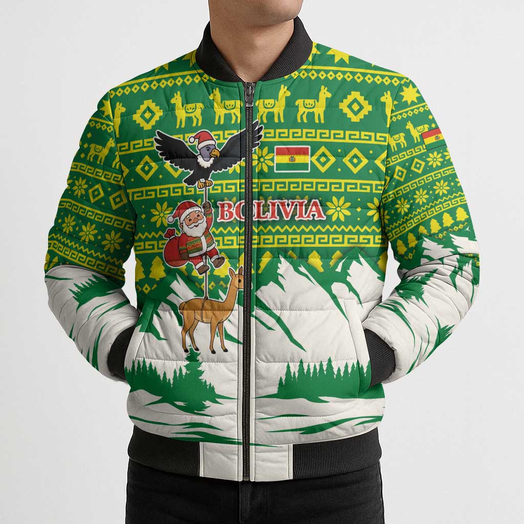Bolivia Christmas Bomber Puffer Jacket with Santa Claus Andean Deer Condor and Traditional Pattern Design - Wonder Print Shop