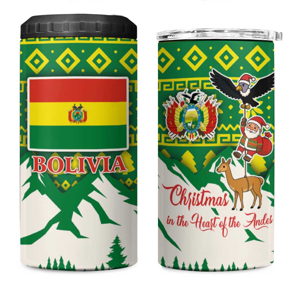 Bolivia Christmas 4 in 1 Can Cooler Tumbler with Santa Claus Andean Deer Condor and Traditional Pattern Design - Wonder Print Shop