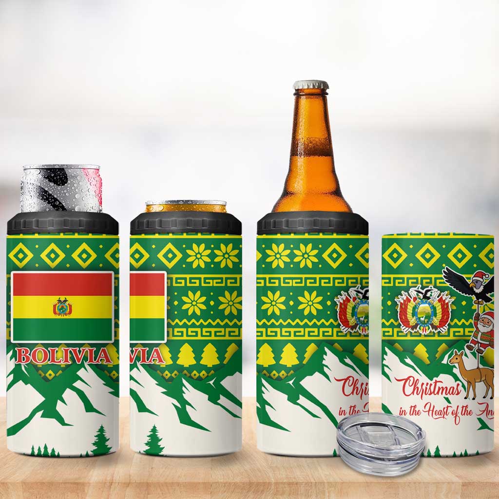 Bolivia Christmas 4 in 1 Can Cooler Tumbler with Santa Claus Andean Deer Condor and Traditional Pattern Design - Wonder Print Shop