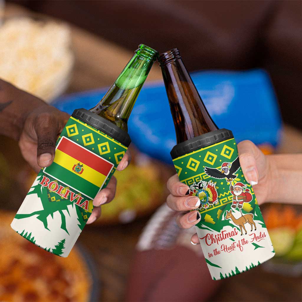 Bolivia Christmas 4 in 1 Can Cooler Tumbler with Santa Claus Andean Deer Condor and Traditional Pattern Design - Wonder Print Shop
