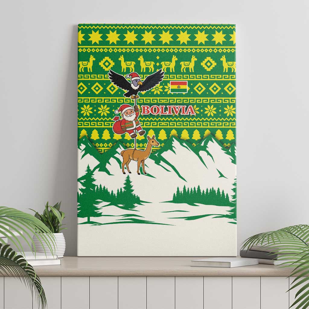 Bolivia Christmas Canvas Wall Art with Santa Claus Andean Deer Condor and Traditional Pattern Design - Wonder Print Shop