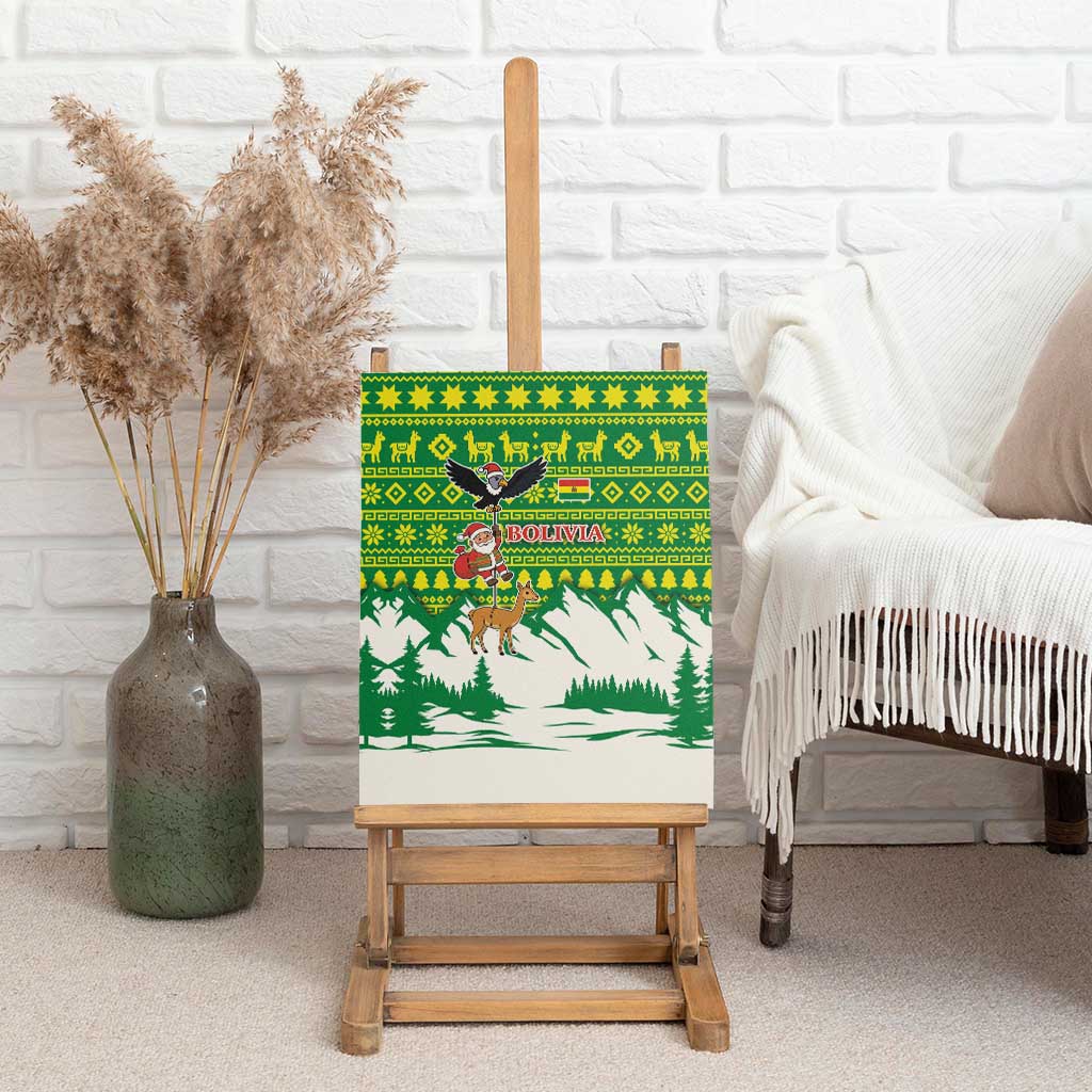 Bolivia Christmas Canvas Wall Art with Santa Claus Andean Deer Condor and Traditional Pattern Design - Wonder Print Shop