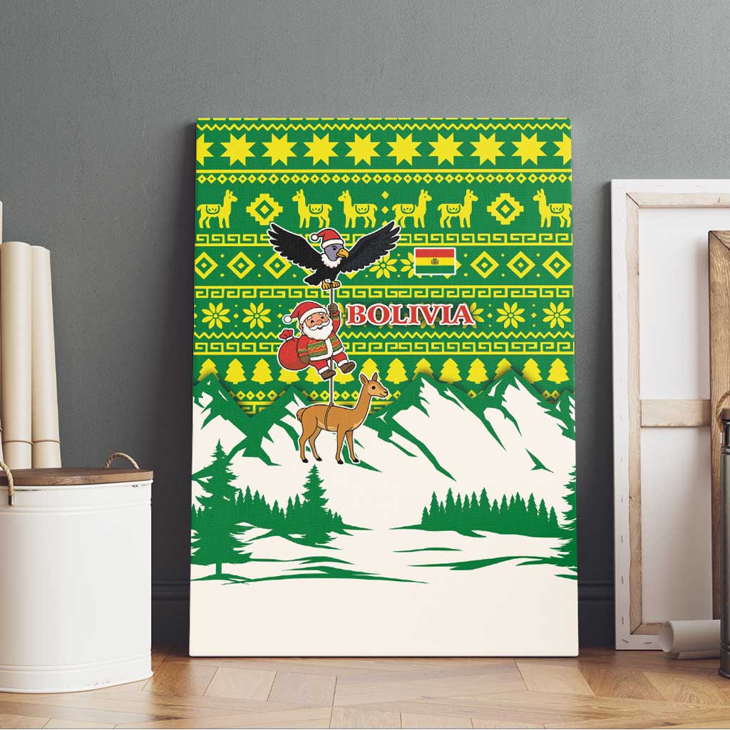 Bolivia Christmas Canvas Wall Art with Santa Claus Andean Deer Condor and Traditional Pattern Design - Wonder Print Shop
