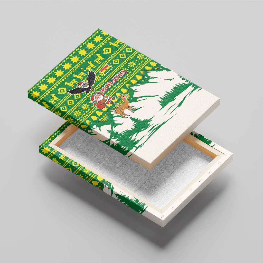 Bolivia Christmas Canvas Wall Art with Santa Claus Andean Deer Condor and Traditional Pattern Design - Wonder Print Shop