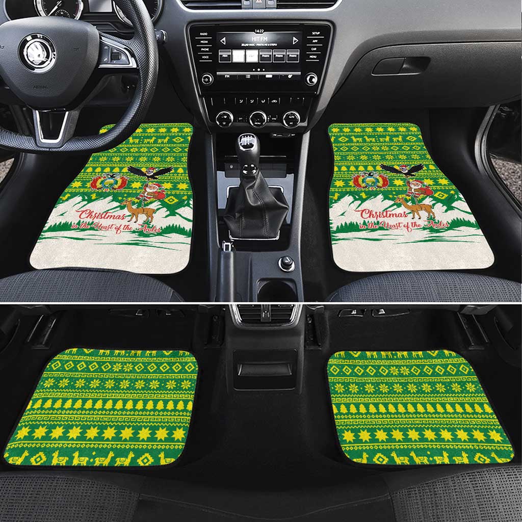 Bolivia Christmas Car Mats with Santa Claus Andean Deer Condor and Traditional Pattern Design - Wonder Print Shop