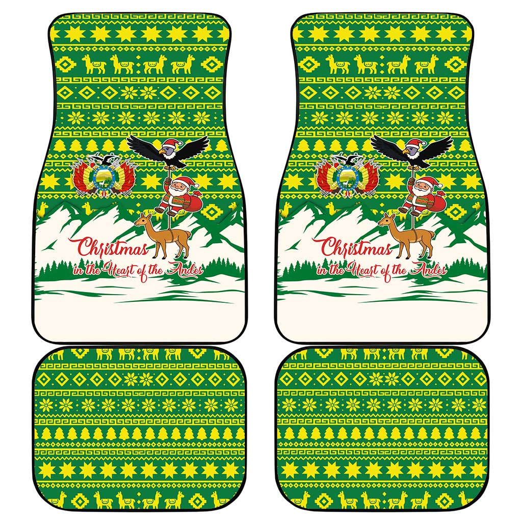 Bolivia Christmas Car Mats with Santa Claus Andean Deer Condor and Traditional Pattern Design - Wonder Print Shop
