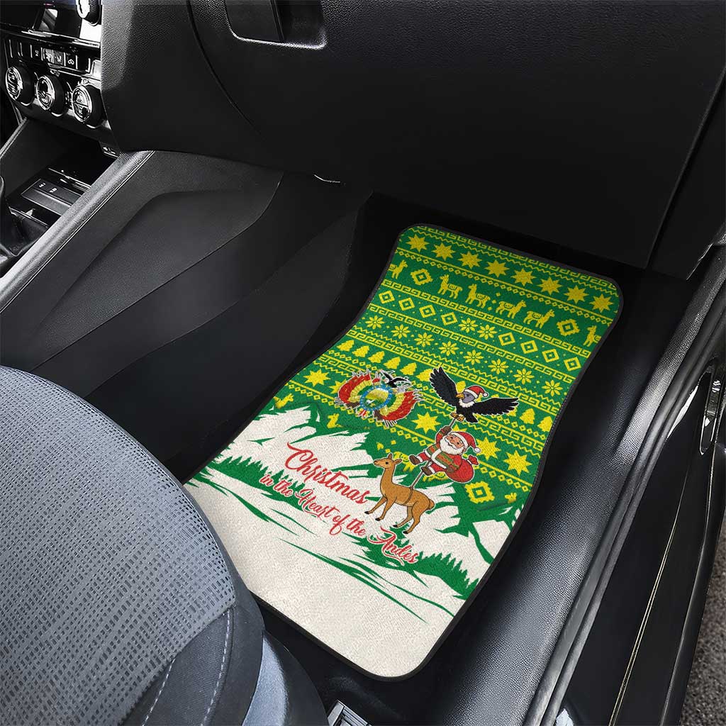 Bolivia Christmas Car Mats with Santa Claus Andean Deer Condor and Traditional Pattern Design - Wonder Print Shop